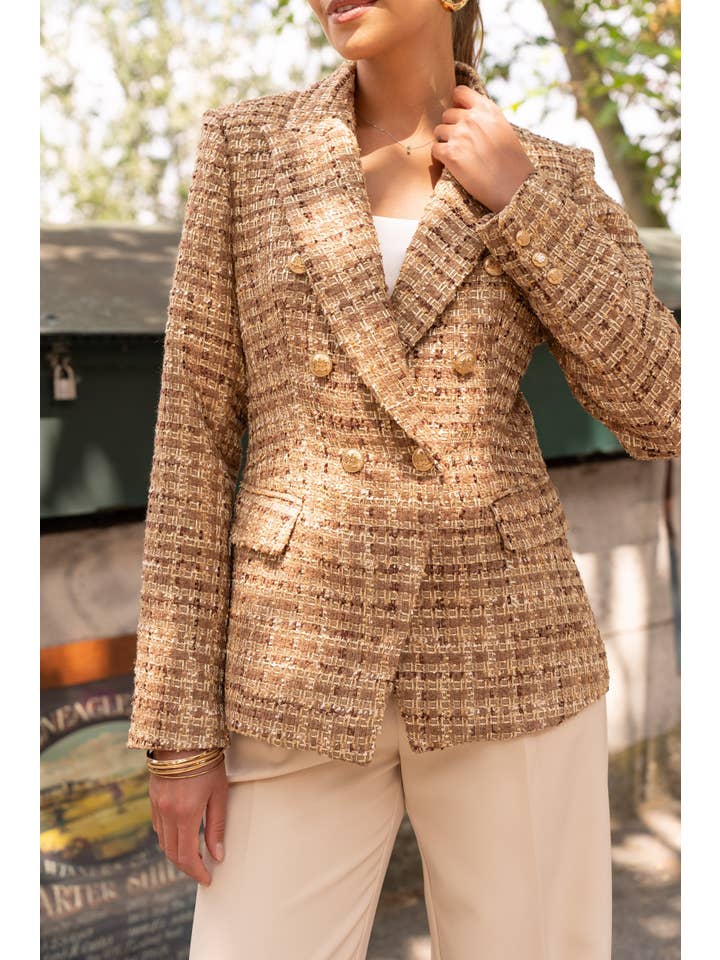Attentif Paris – wholesale Blazer – Women's – Checked tweed double-breasted fitted blazer jacket