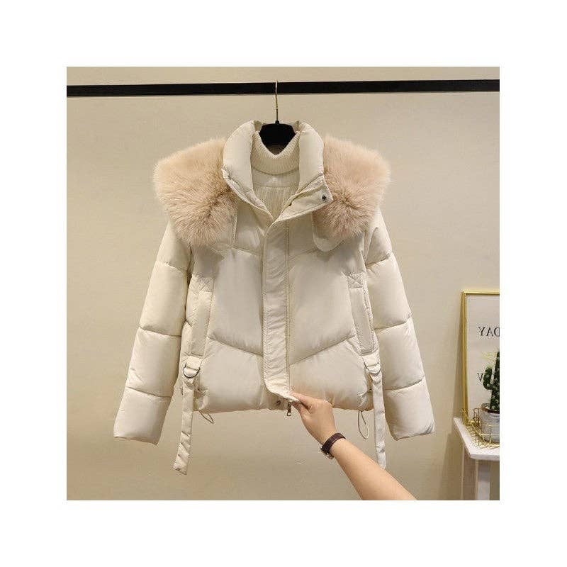 UZ Wholesale Store – wholesale Päls/fuskpäls - Dam – Oversized vadderad kort bomullskappa med tjock pälskrage3