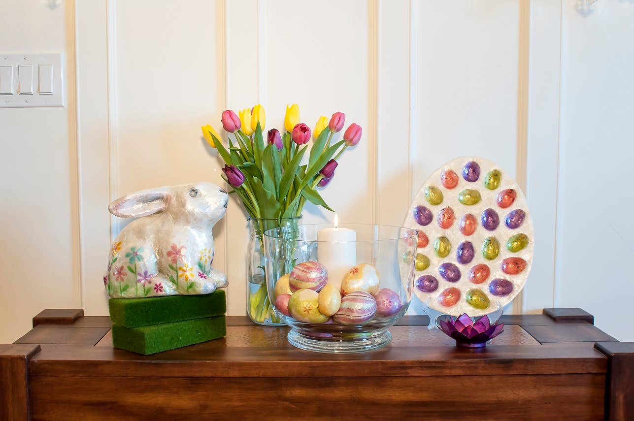 Dekorasyon Gifts  Decor - Wholesale Decorative Tabletop Object - 3" Capiz Egg w/Bunny Silhouette Set/6 (Purple/Lime/Yellow)1