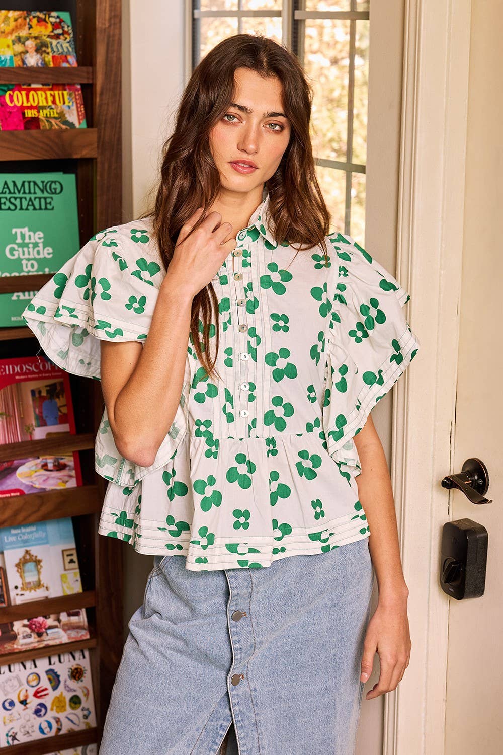 BUCKETLIST INC - Wholesale Button Down Shirt - Women's - IT2337A Ruffle Sleeves Pintuck Detail Floral Print top15