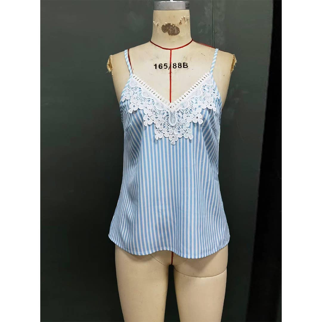 Blue Lace Trim Striped Spaghetti Strap Tank Top ZK3205 for wholesale on Faire4