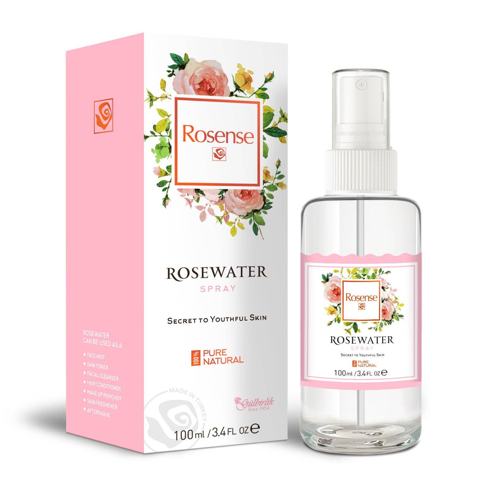 Mediterranean Food Depot - Venta al por mayor Agua/bruma facial y corporal - Botella de vidrio con aerosol de agua de rosas Rosense0