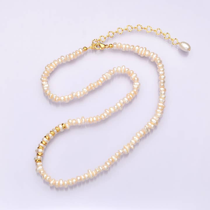 17.5 Inch Half 4.5mm Pearl Seed w. Gold Spacer Beads, Half Textured Heart Chain Necklace | WA-1450 Clearance Pricing for wholesale by Aim Eternal