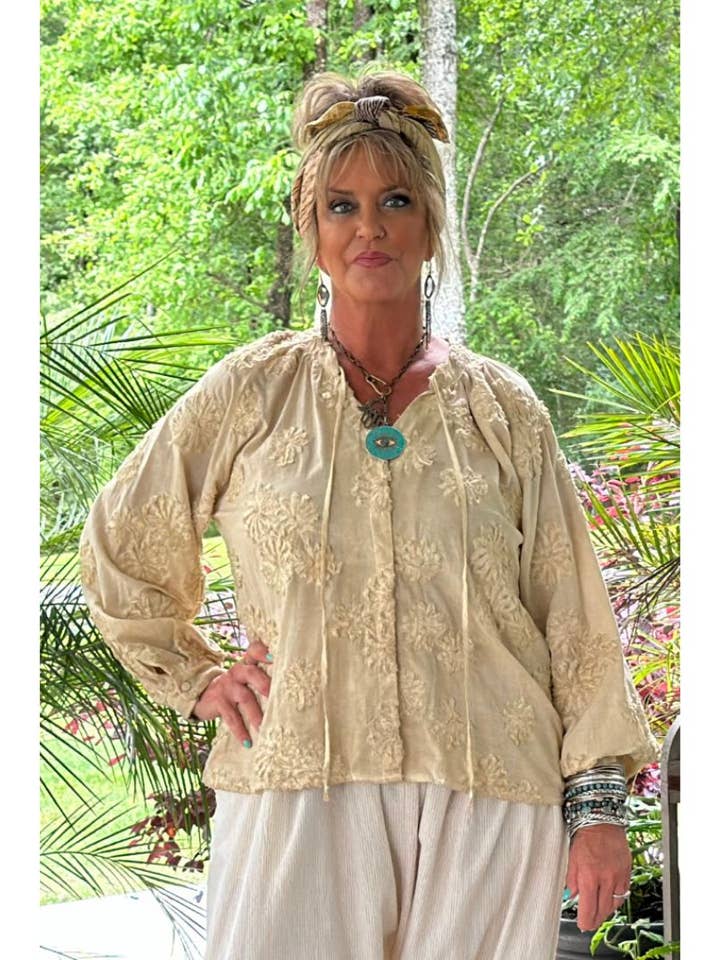 Floral Imprints Top - Tea Stain for wholesale by Jaded Gypsy