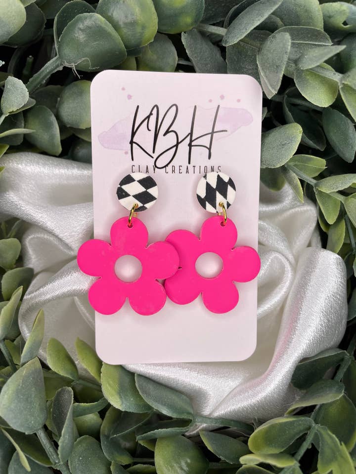 Checker Pink Flower Dangle Clay Earrings for wholesale by KBH CREATIONS