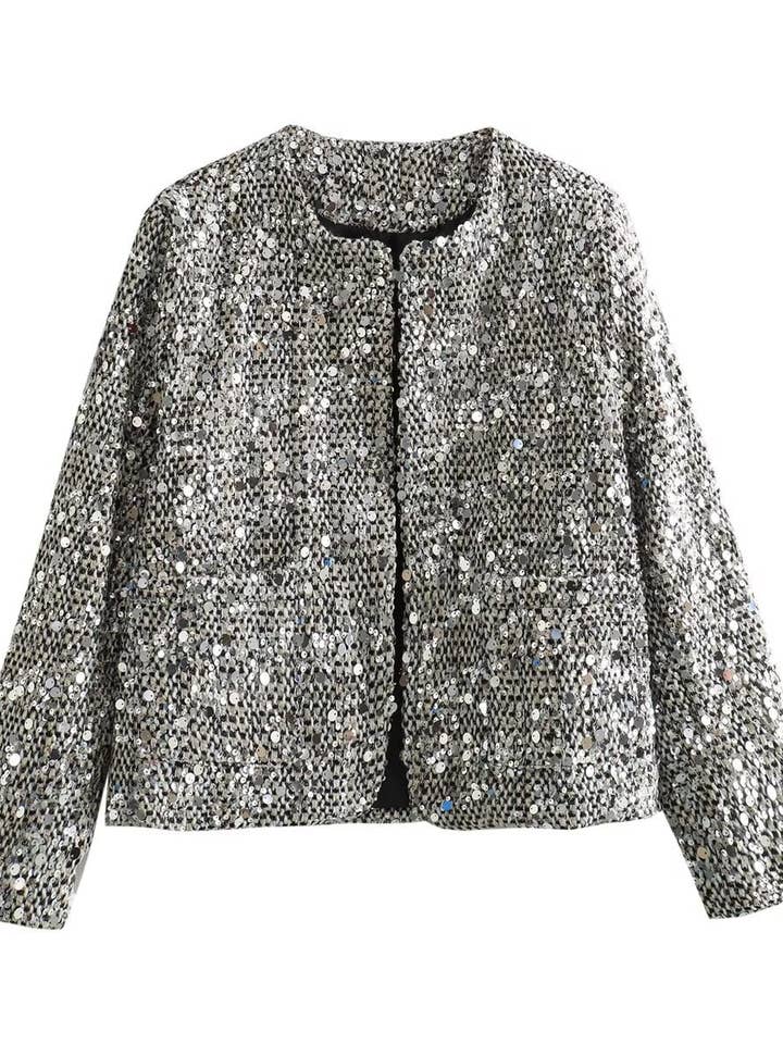 silver sequin tweed bomber jacket for wholesale on Faire