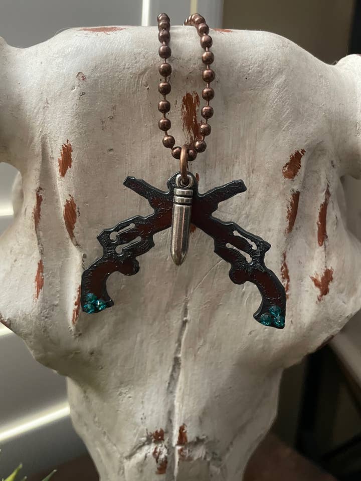 Rustic Crossed PISTOLS necklace with bullet charm for wholesale by The Rustic Barn