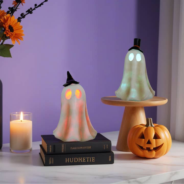 Paris Loft Inc – wholesale Dekorativ statyett – Uppsättning av 2 Polyresin Halloween spökfigur med LED-lampor