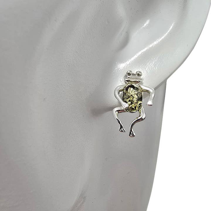 Amberman - Wholesale Stud/Post Earrings - "Frog" Green Amber Stud Earrings