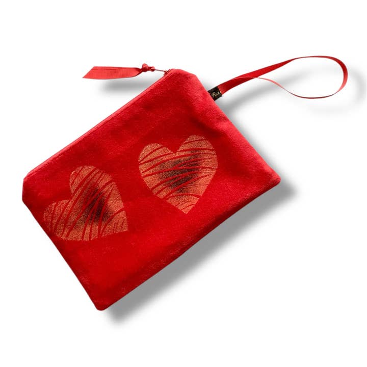 Red Love Heart velvet zip-up pouch for wholesale by Raina Atelier