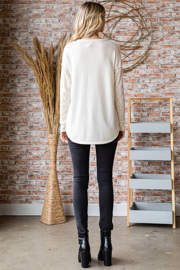 7th Ray - Vente Haut en maille – femme - Haut à manches longues en mélange de coton avec contraste en dentelle et boutons devant T525334