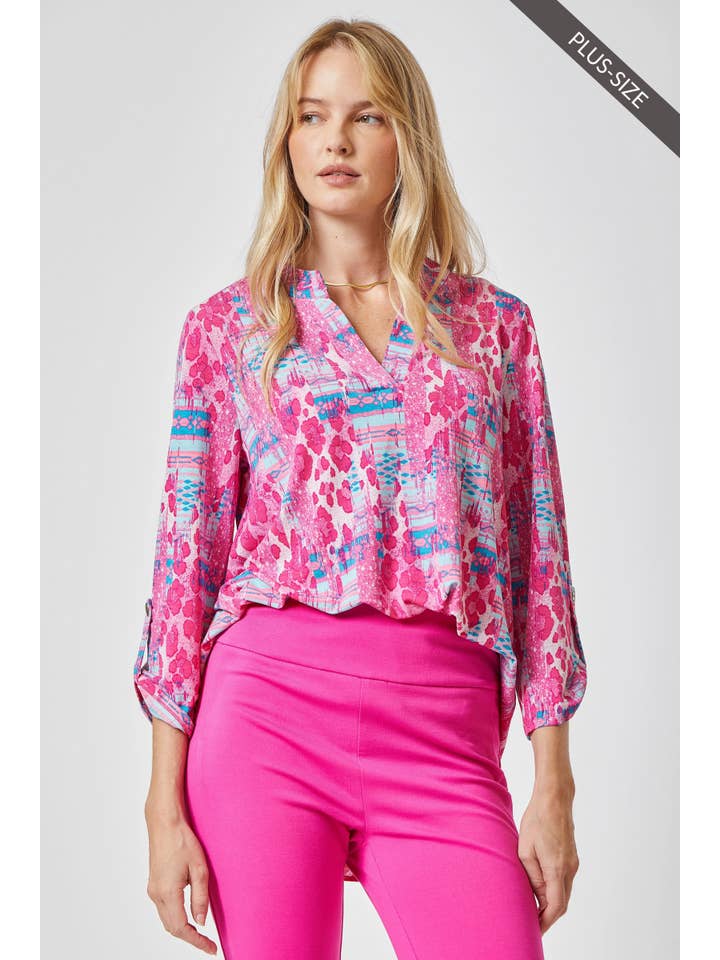 Teal Pink PLUS 3/4 Sleeve LIZZY MEDALLION Wrinkle Free Blouse for wholesale on Faire