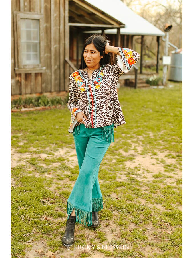 LUCKY & BLESSED - Wholesale Pants - Women's - Jade Suede Butt Shaping Wide Leg Crop Pants W Fringe