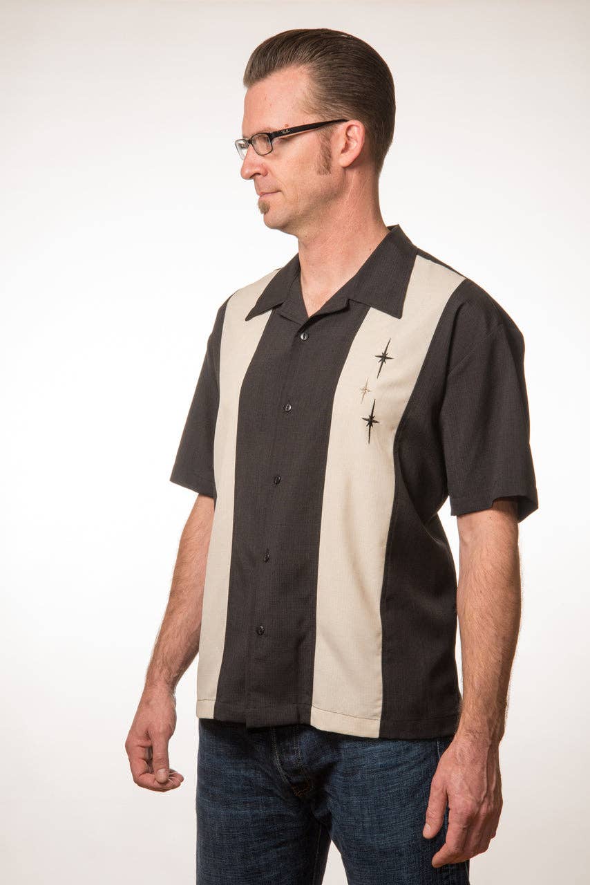 Steady Clothing - Wholesale Button Down Shirt - Men's - Three Star Panel Bowling Shirt in Black4