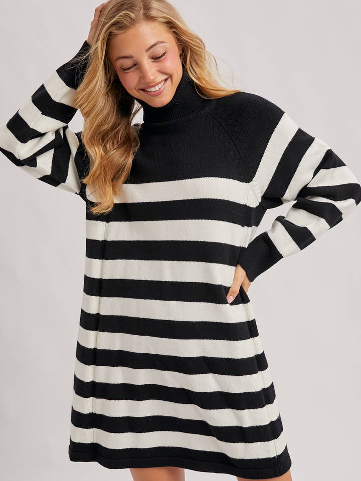 STRIPED TURTLE NECK KNIT SWEATER DRESS for wholesale by Bluivy