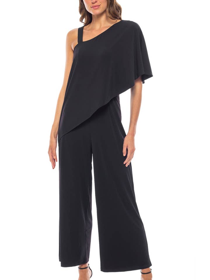 Marina One Shoulder Asymmetrical Neck Short Flutter Sleeve Wide Leg Jumpsuit for wholesale by Immediate Apparel