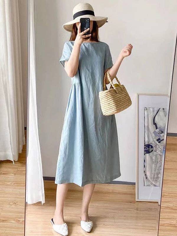 StyleGalX - Wholesale Dress - Women's - Casual Loose Solid Color Round-Neck Midi Dresses13