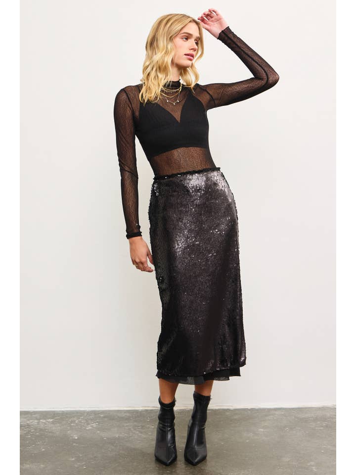 Mustard Seed - Wholesale Skirt - Women's - LAYERED MESH BACK SLIT SEQUIN MIDI SKIRT