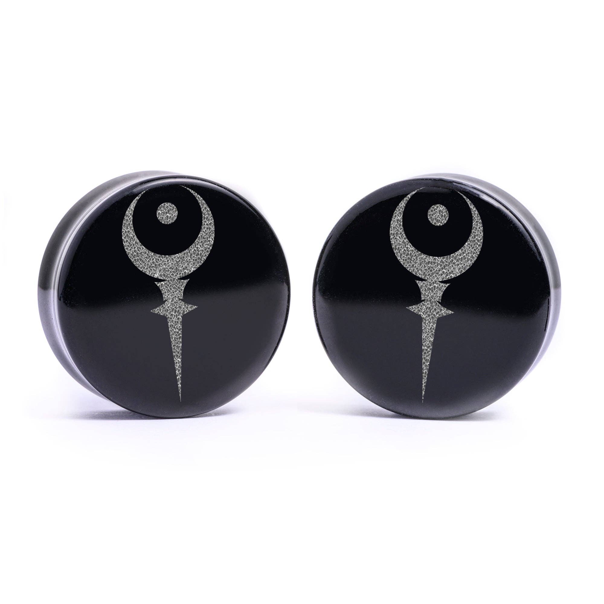 Custom Plugs - Wholesale Gauge/Plug Earrings - Sigil Of Hades Plug / Gauge - Black Glass | Flat Faced Double Flare1