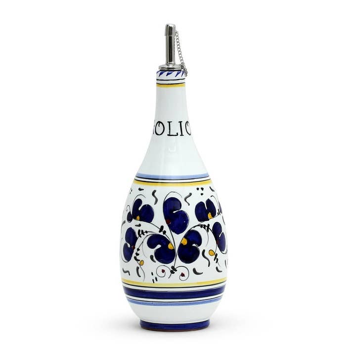 ORVIETO BLUE ROOSTER: Olive Oil Bottle Dispenser for wholesale by Artistica - Deruta of Italy