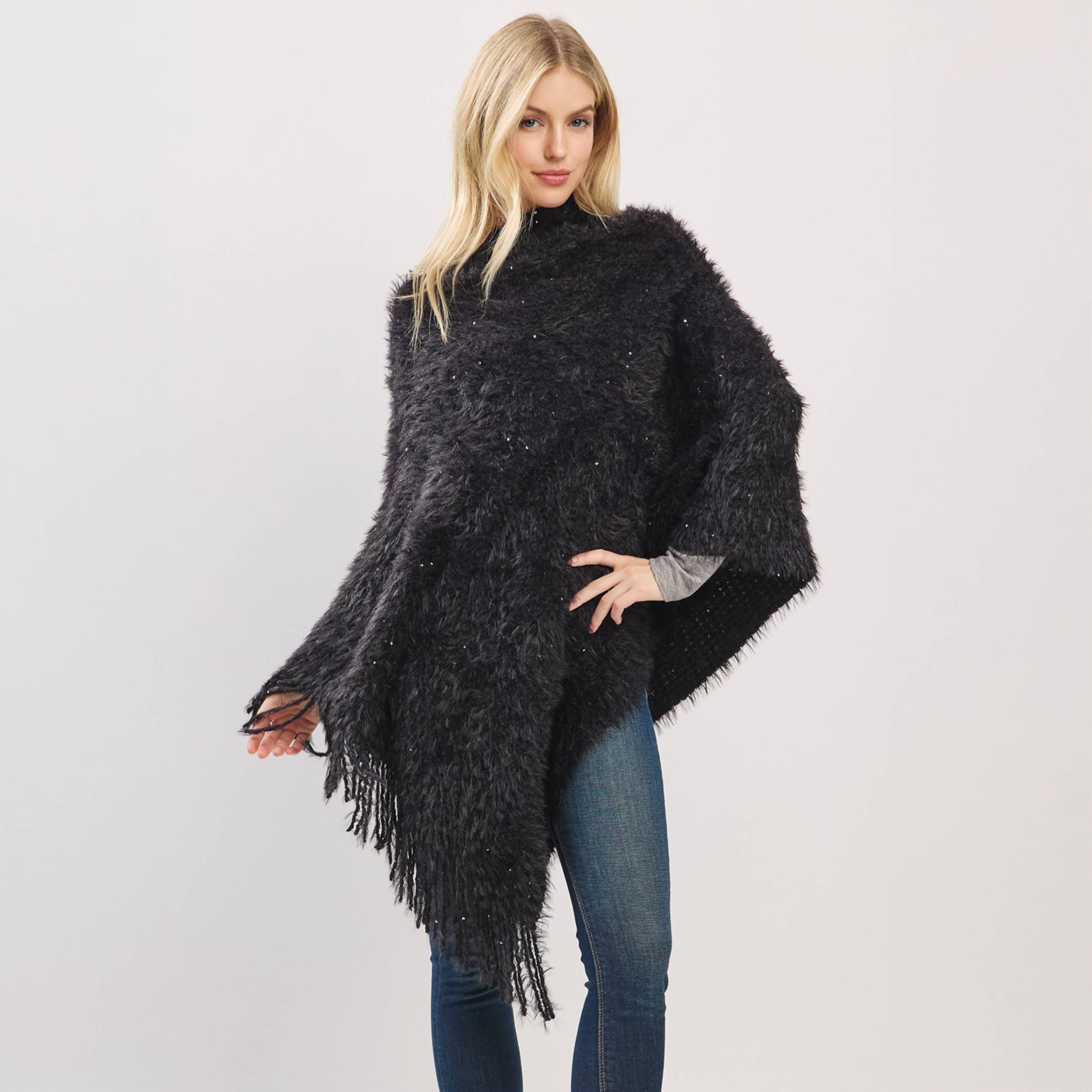 Hana – wholesale Poncho – Women's – Fuzzy Sequin with Fringe Light Weight Poncho2