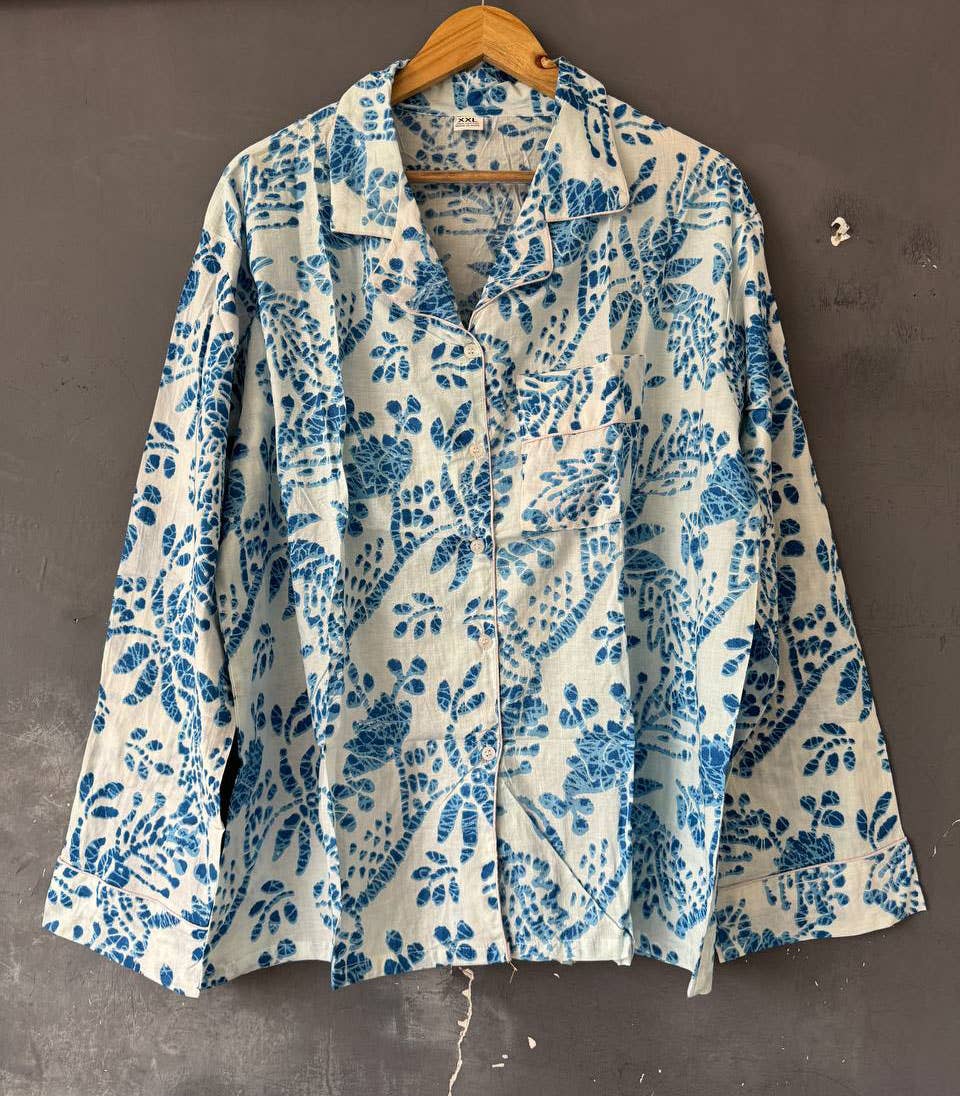 bhavnas boutique - Wholesale Sleepwear Set - Women's - White Cotton Handmade Block Printed Pajama Set Long PJ Sets2