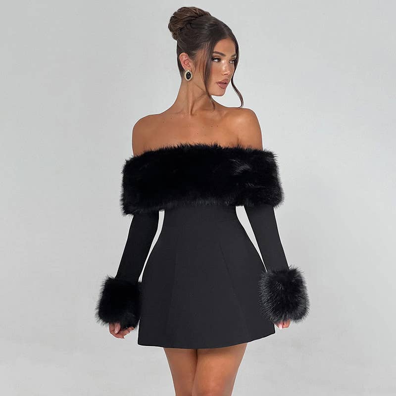 Black Off-Shoulder Fur Trim Long Sleeve Slim A-Line Dress for wholesale on Faire1