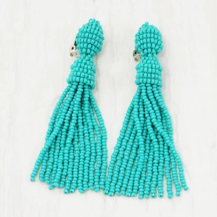 Boucle d'oreille longue à pampille à perles turquoise pour femmes, bijoux de conception de perles de rocaille sarcelle, acheter des boucles d'oreilles en ligne prêt pour la vente par Ninolia