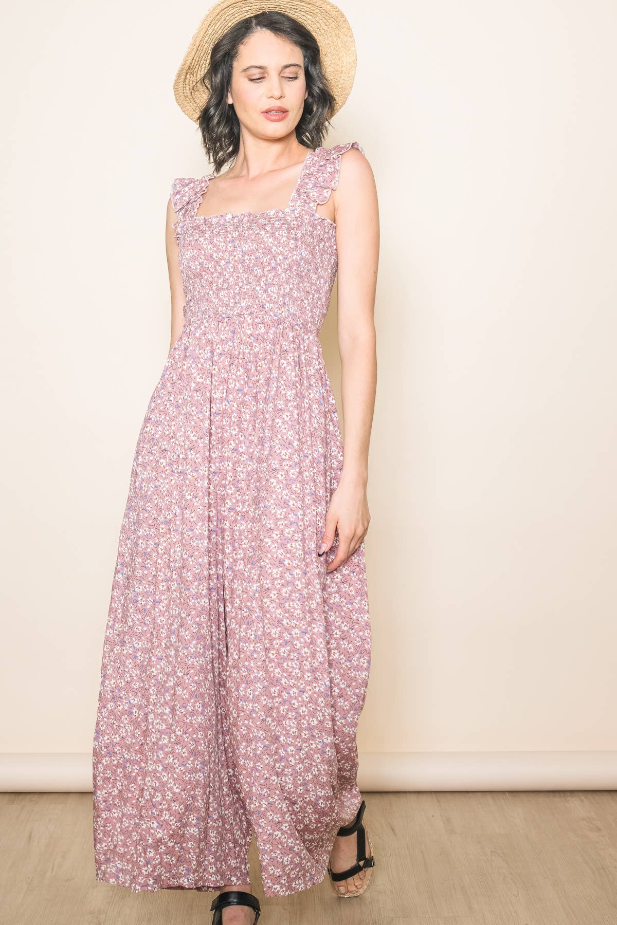 Elloh Collection - Wholesale Jumpsuit - Women's - Super Comfy Ruffle Shoulder Smocked Wide Leg Jumper Jumpsuit12