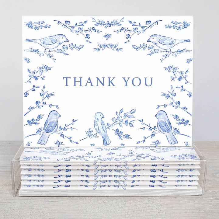 Blue Chinoiserie Birds Thank You Card- Boxed Set Of 10 Cards for wholesale by White Clover Paper Co.