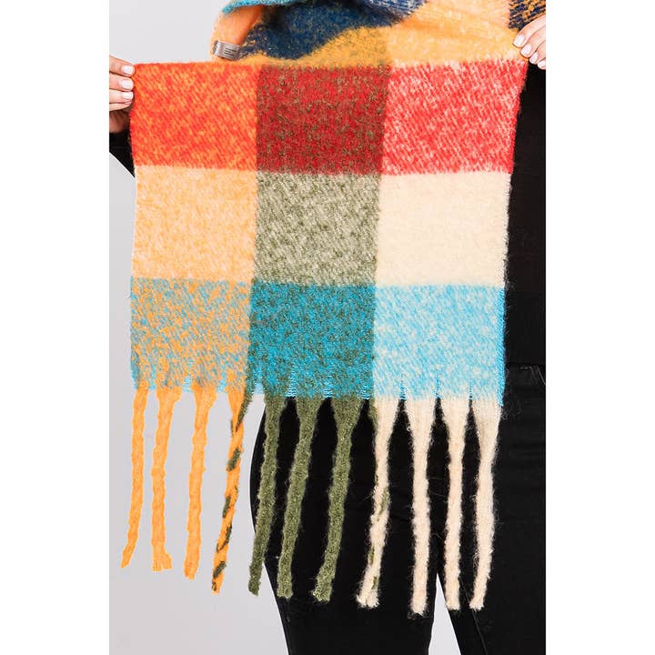 Sensibling Corp. – Cachecol - Mulher por atacado – Cachecol multicolor xadrez estampado com franja oblong24