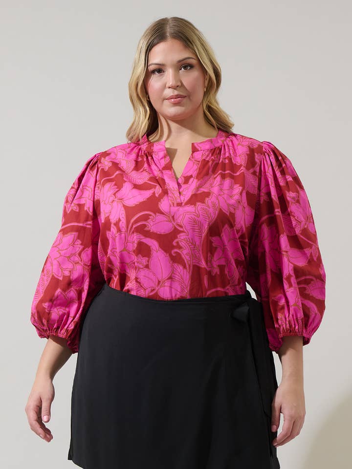 Craney Floral Cheney Split Neck Top Curve for wholesale by Sugarlips