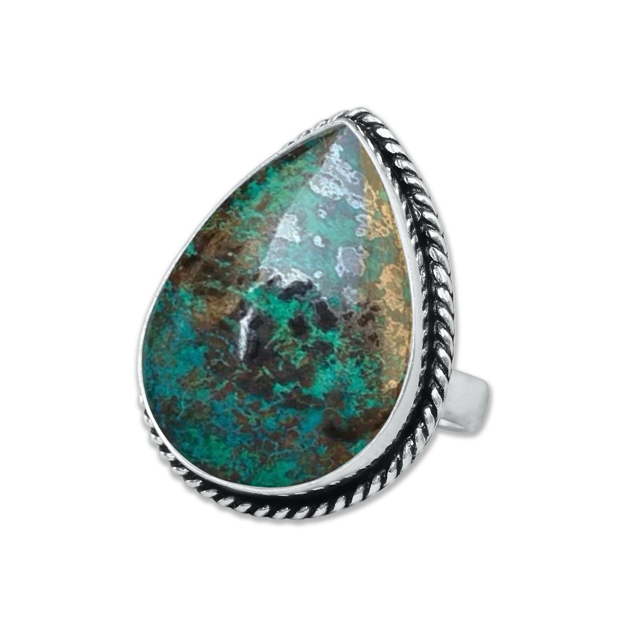 Handmade Jewels – wholesale Cocktail/Statement Ring – Chrysocolla-ringar – Silverpläterade, Handgjorda, Jordnära Havsgröna (US Storlekar 6–10, Tillverkade på Beställning)15
