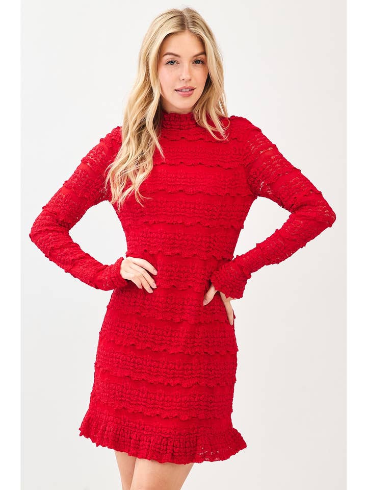 RUFFLE LACE MOCK NECK LONG SLEEVE MINI DRESS for wholesale by mittoshop