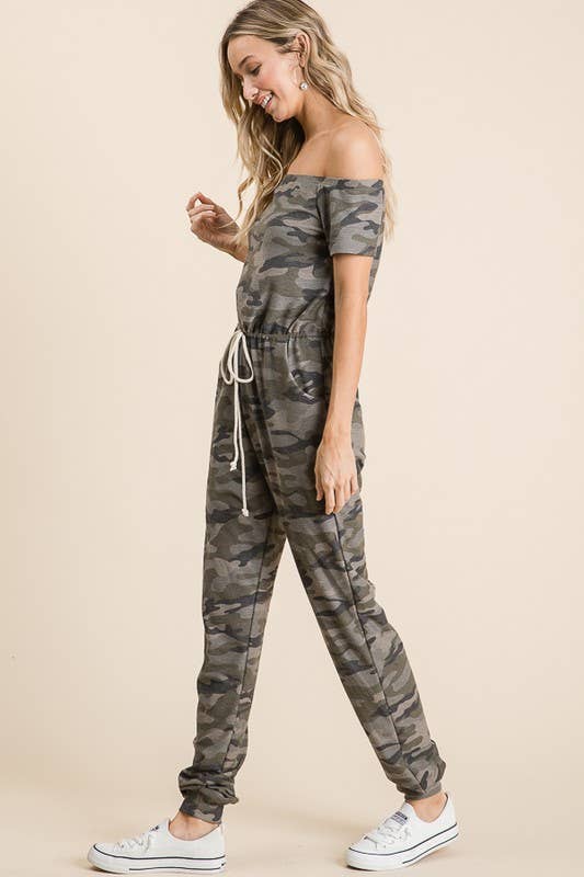 LMR5102-J-Harper's Camo Off the Shoulder Jumpsuit for wholesale on Faire6