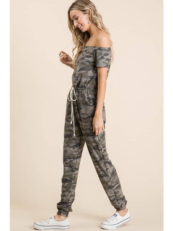 LMR5102-J-Harper's Camo Off the Shoulder Jumpsuit for wholesale on Faire6