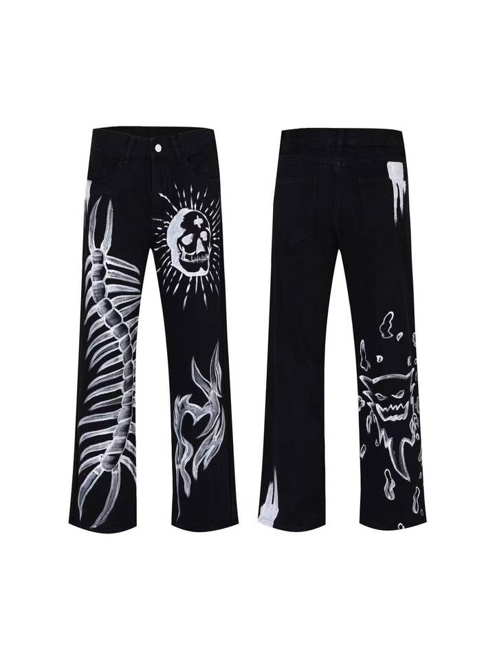 Nero Pantaloni dritti da uomo Hip-hop Skull Jeans in vendita all'ingrosso su Faire