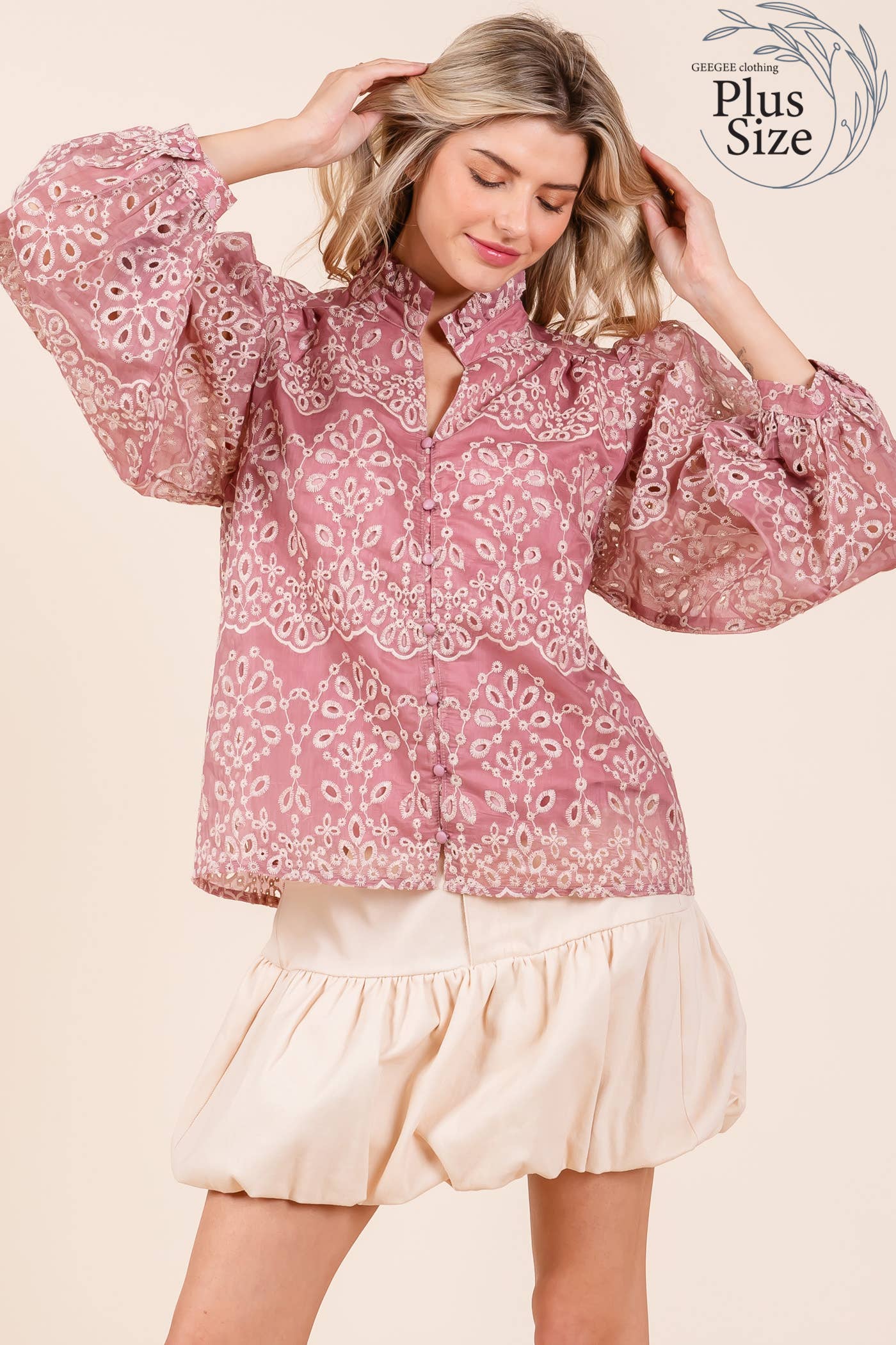 GeeGee x Lovelo - Venta al por mayor Camisa con botones - Mujer - Blusa de manga larga con ojales florales Plus, OT50860PL7