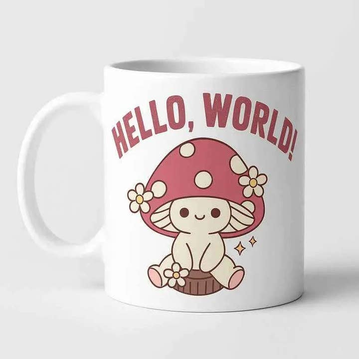 Hello, World! Cute Mushroom Mug – Kawaii Cottagecore Coffee Cup for wholesale by Leafe