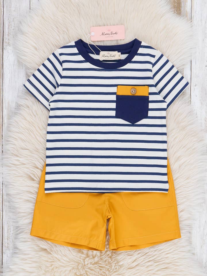 Marie Nicole Clothing - Wholesale Top & Short Set - Kids - Nautical Stripes Pocket Outfit Blue0