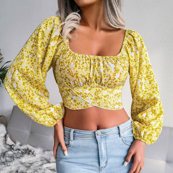LANTERN SLEEVE BOW FLORAL CHIFFON CROP BLOUSE_CWTBLL0164 for wholesale by Lily Clothing