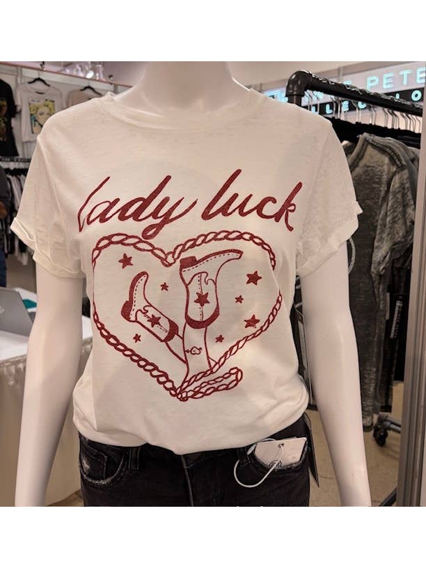 White LADY LUCK BURNOUT TEE for wholesale on Faire