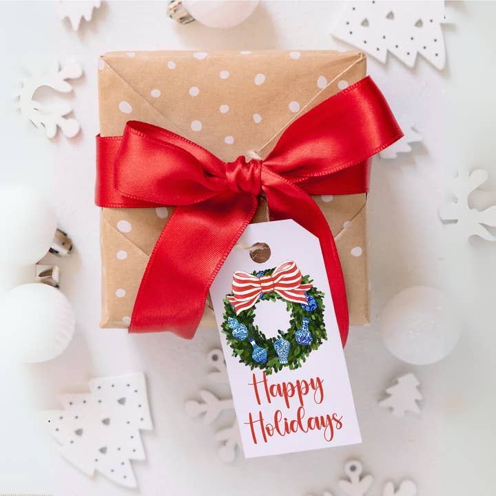 Chinoiserie Ginger Jar Wreath Christmas Holiday Gift Tags for wholesale by Design Carolinas