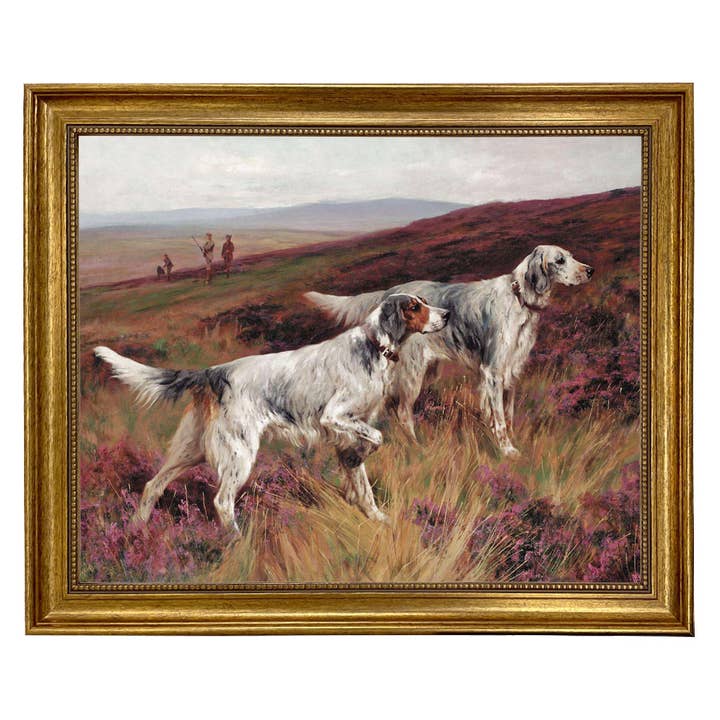 Gerahmter Gemäldedruck auf Leinwand, Motiv „Zwei Setter auf einem Moorhuhn“ für den Großhandel von Madison Bay Co. - Historical Home Decor Reproductions