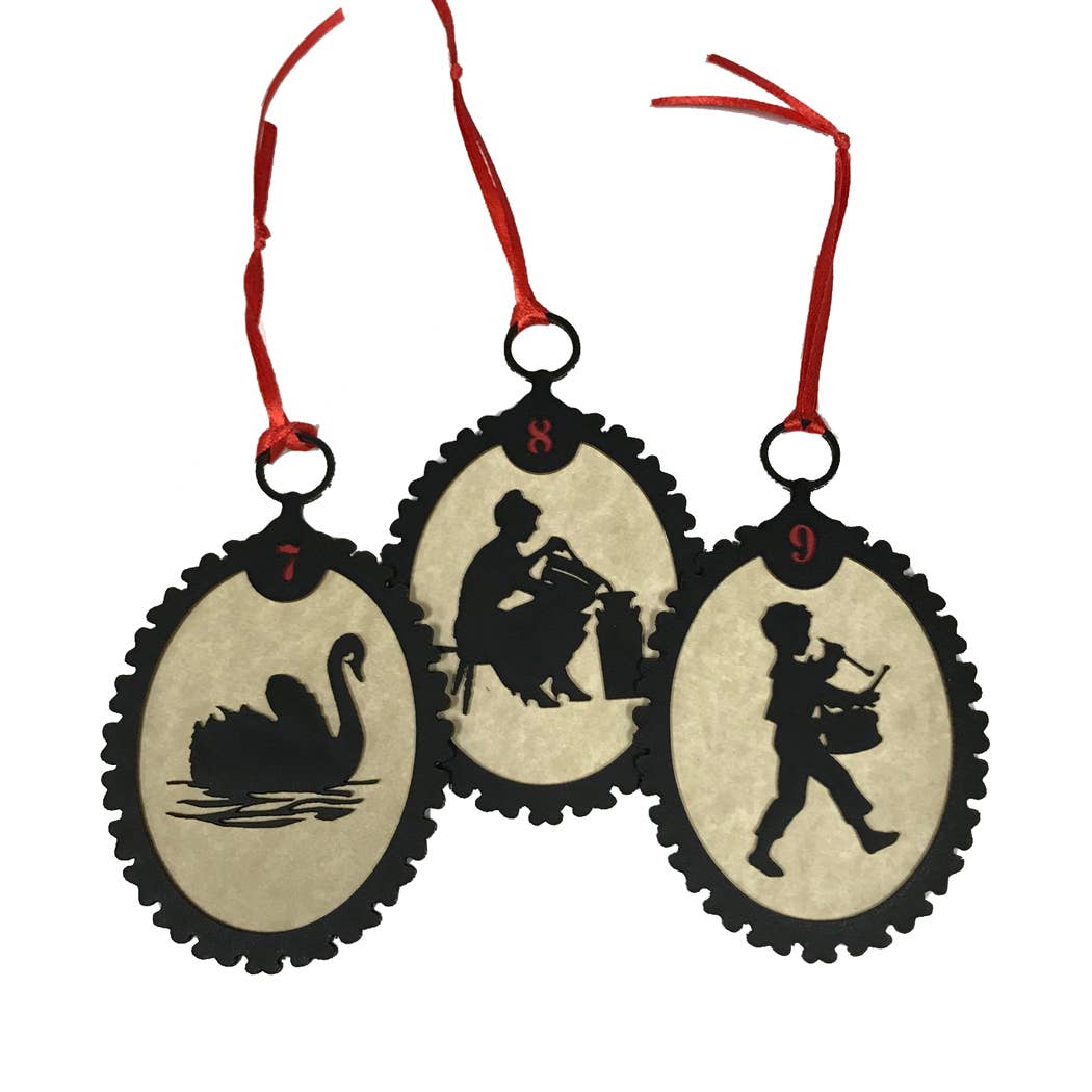 Madison Bay Co. - Historical Home Decor Reproductions - Wholesale Ornament Set - 12 Days of Christmas Silhouette Ornaments, Red Ribbon3