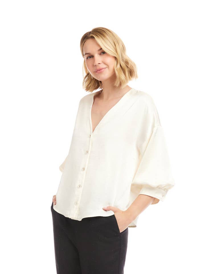 Cream Lantern Sleeve Crystal Rhinestone Button Satin Top for wholesale on Faire2