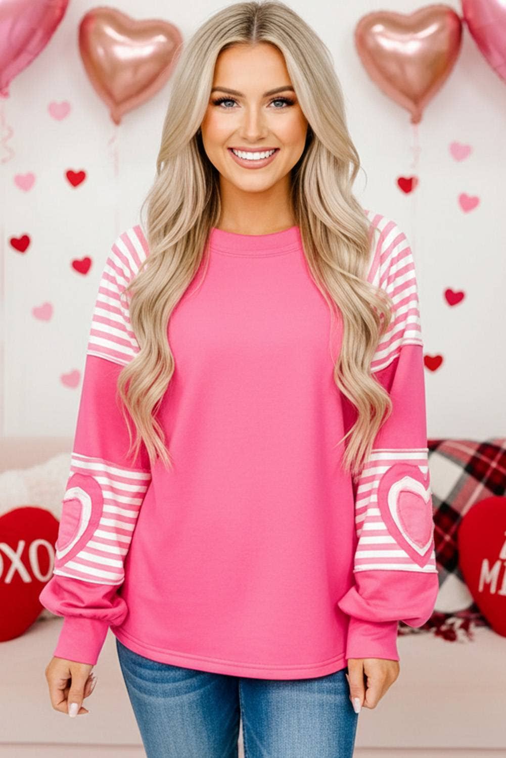 Strawberry Pink Valentine Heart Shape Striped Patched Long Sleeve Loose Top for wholesale on Faire2