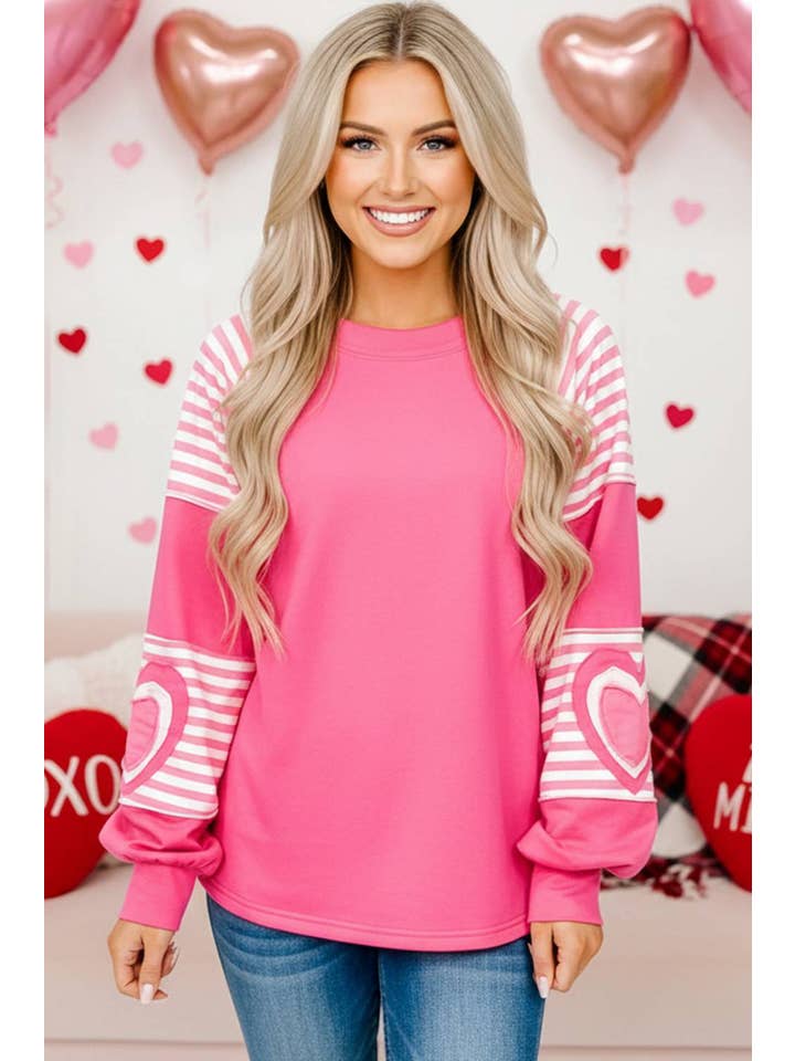 Strawberry Pink Valentine Heart Shape Striped Patched Long Sleeve Loose Top for wholesale on Faire2