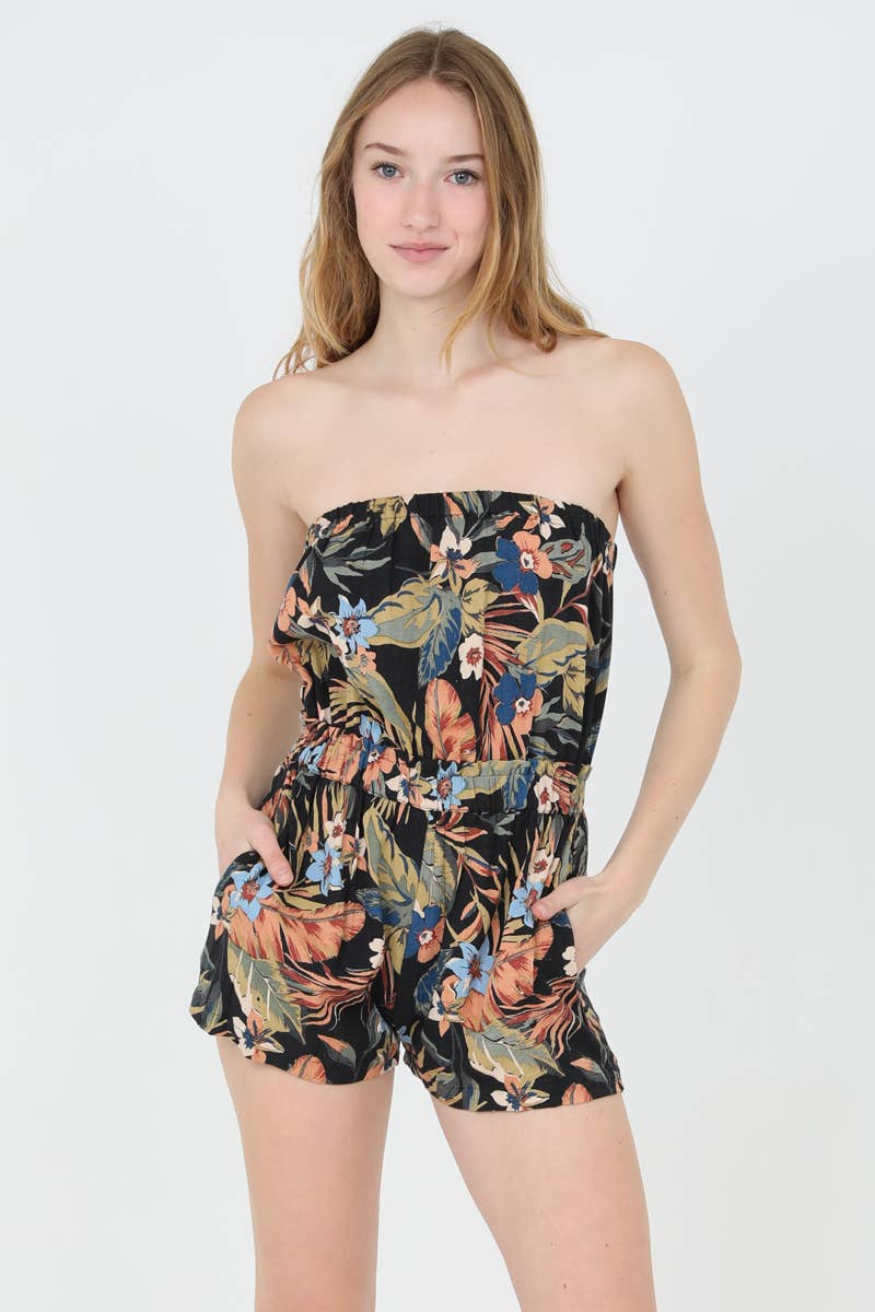 ANGIE - Wholesale Romper - Women's - B5A64-A878 STRAPLESS TROPICAL PRINT ROMPER WITH POCKETS3