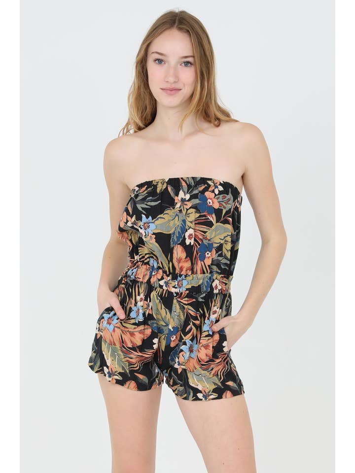 ANGIE - Wholesale Romper - Women's - B5A64-A878 STRAPLESS TROPICAL PRINT ROMPER WITH POCKETS3